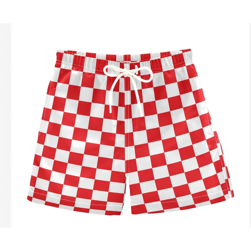 Kids Red White Checkered Swim Trunks Mesh Lined Drawstring Shorts Small